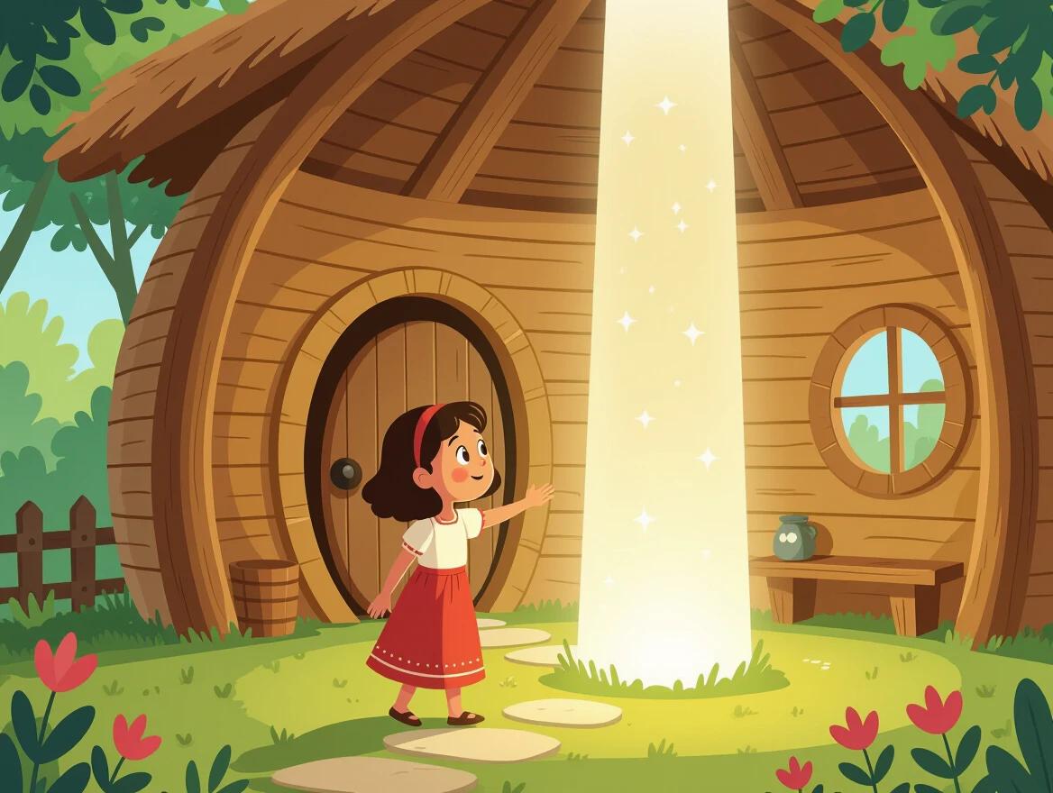 A digital illustration depicts a young girl named Layla inside her round wooden house. She gazes at a glowing pillar. The house has five wooden pillars, with the fifth one highlighted. The scene is warm and inviting, reflecting a dreamy atmosphere with soft lighting.