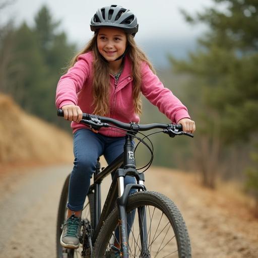 Girl in pink sweater riding a bike on a gravel path surrounded by trees on a cloudy day.