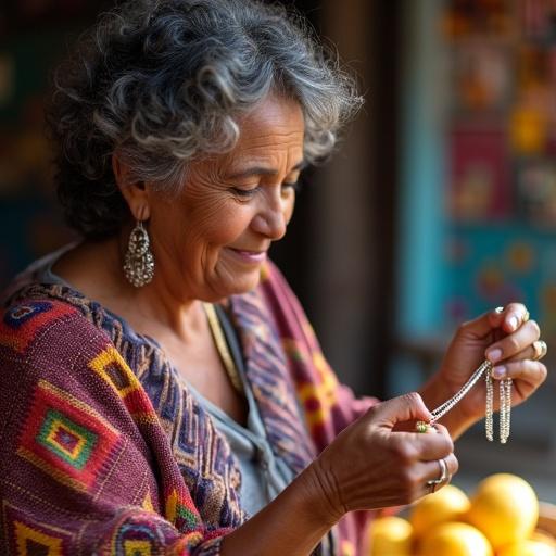 A Colombian woman in her 40s arranging jewelry at a market stall in Bogotá. She has curly hair with gray strands and shows off a silver ear cuff. Wears a colorful shawl and adjusts a necklace as she talks to a customer. Morning sun highlights her smile and laugh lines. A basket of mangoes is nearby.