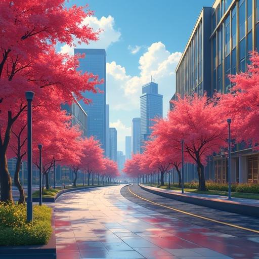 Anime style cityscape featuring cherry blossom trees and modern architecture during summer at midnight