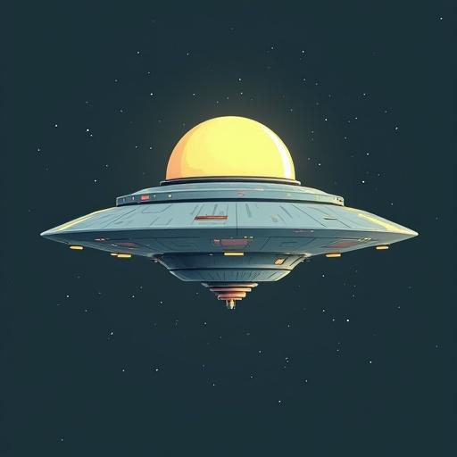 Digital illustration of a simple UFO. UFO has a glowing dome and a starry background. Retro-futuristic design.