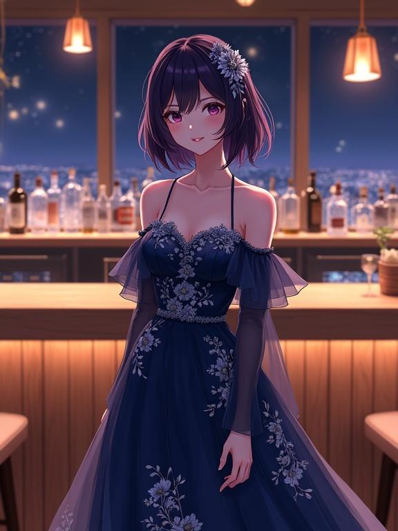 Anime woman with dark violet hair and captivating eyes. She stands in front of a luxurious bar. She wears a dark blue off-the-shoulder gown with floral patterns. She has delicate straps and sheer sleeves. Her expression is calm with a subtle smile. Modern bar seen in the background with bottles displayed. Nighttime cityscape visible through the window. Warm lighting creates an elegant atmosphere. Full body shot with a polished composition.