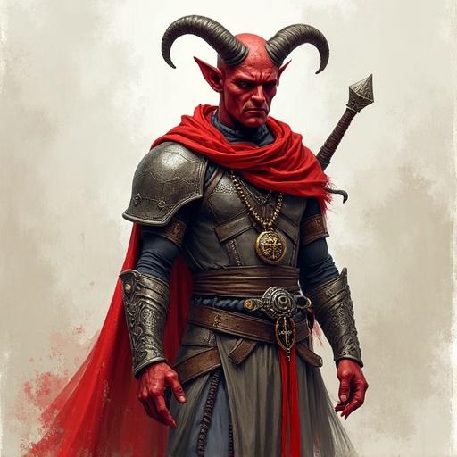 Detailed 2.5D pen sketch featuring a male tiefling paladin with red skin. Character displays two short horns and wears a charm. Dressed in chainmail and plated pants, wielding a longsword. The cinematic scene captures an intense expression amidst artistic elements such as visible pencil strokes, paper texture, and non-photorealistic shading techniques.