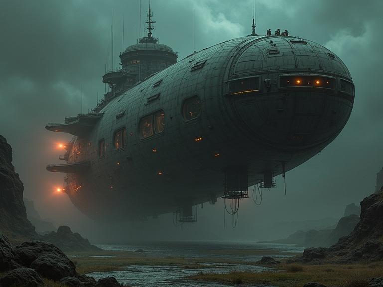 Concept art depiction of an enormous dark retro-scifi militaristic prison spaceship hovering above a rocky terrain with overcast skies
