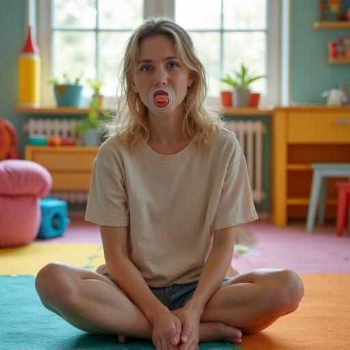 Adult woman is sitting cross-legged in a colorful room. She has a pacifier in her mouth. The room is filled with bright furniture and toys. Natural light brightens the space.