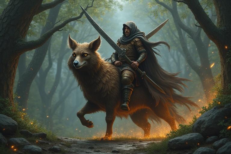 A knight in armor rides a large dog in a mystical forest. The dog has fox-like features and appears strong. There are trees all around with soft lighting. The scene has a magical atmosphere with glowing elements.