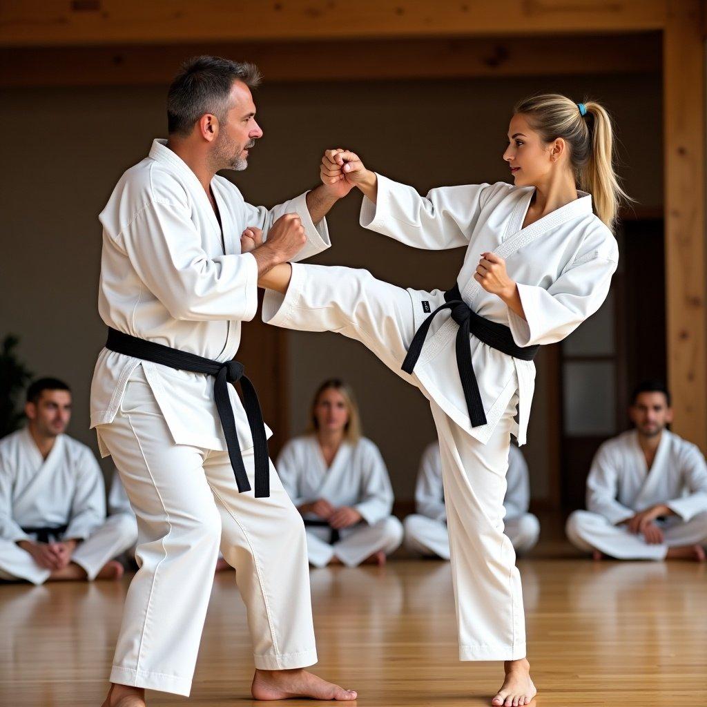 Man and woman engaged in karate sparring in a dojo setting. Both wear traditional karate gi uniforms and display martial arts techniques. The image captures movement and training atmosphere.