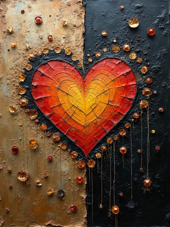 3D heart design in vibrant multicolors with layered textures. Combination of jute, wood, and collaged materials. Impasto techniques and mixed media elements. Rich textures and depth. High resolution and magical appearance.