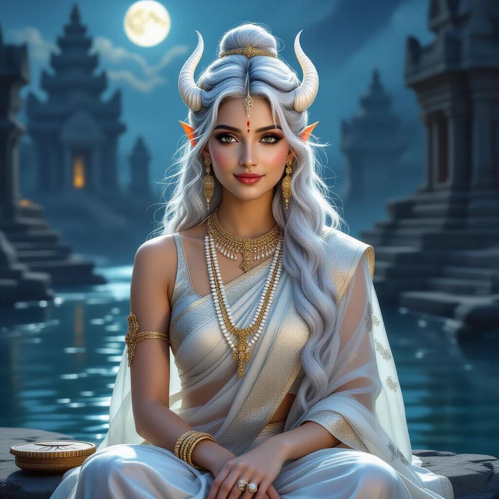 Portrait of a serene woman inspired by Sarasvati sitting by a moonlit river. She has flowing long white-silver hair and delicate ivory horns. Emphasis on the embroidered sari with metallic motifs. The river is surrounded by ancient temple ruins. A veena lies beside her. The scene is illuminated by divine light, infusing the air with magic and draconic essence.