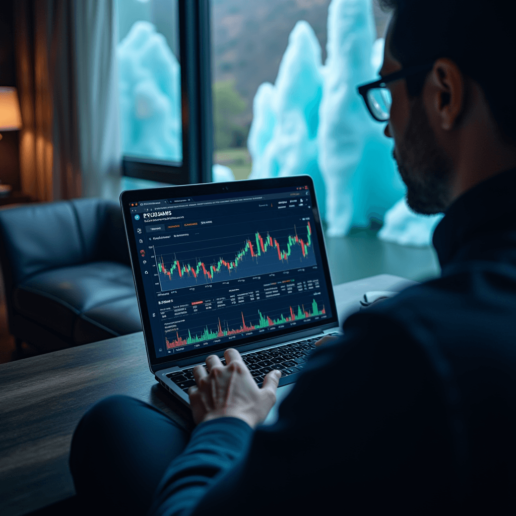 A person looks at a financial chart on a laptop in a room with icy landscapes visible outside.