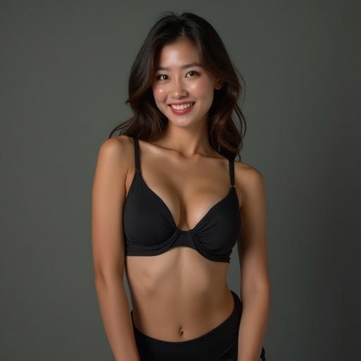 A Korean female model in a black top and leggings poses in a studio setting. She is smiling and radiates confidence. Soft lighting highlights her skin texture. The backdrop is blurred. Shot with a Canon EOS R5 using an 85mm lens.