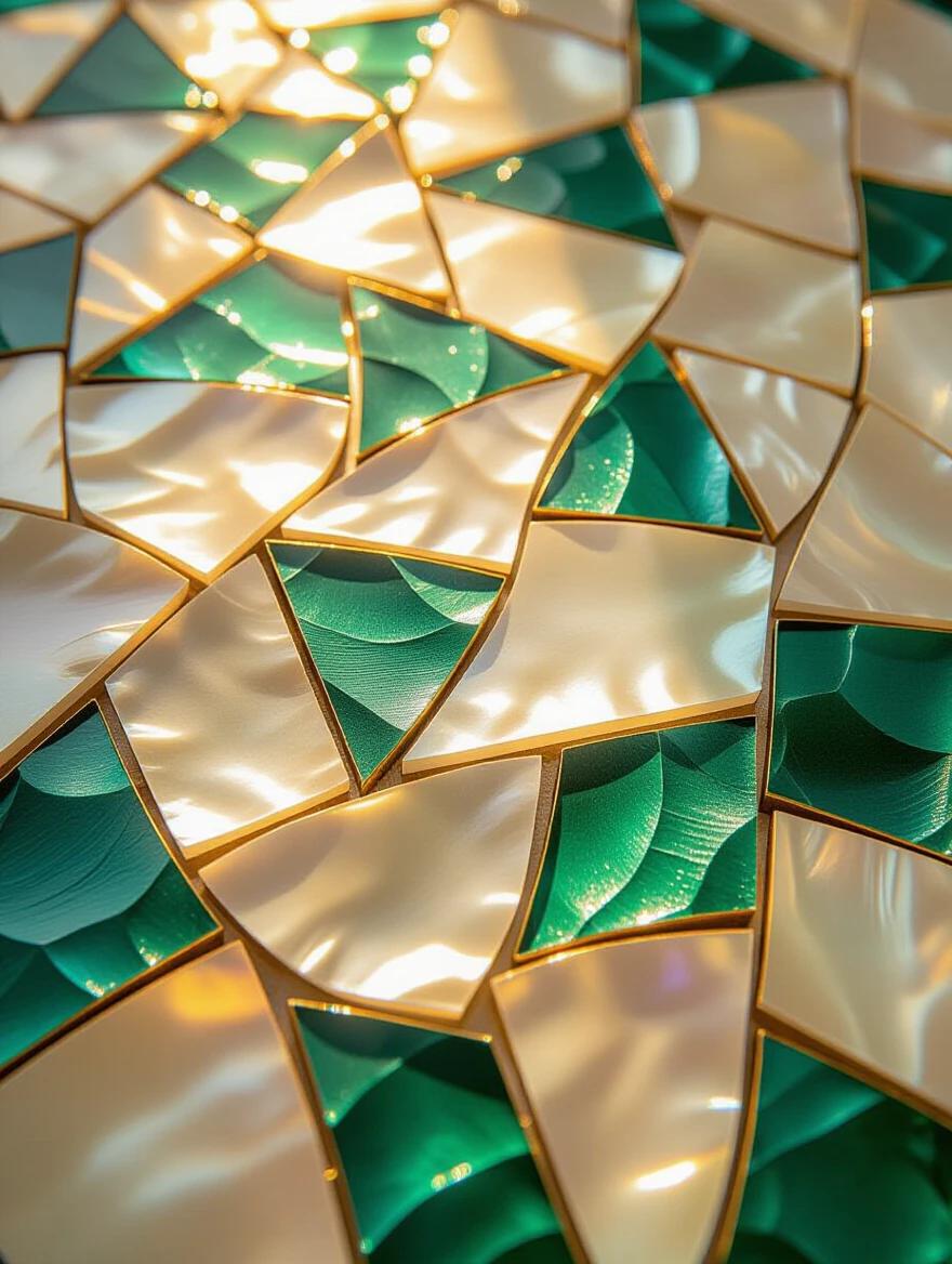 Close-up of overlapping mother-of-pearl inlay pieces in emerald green teal and translucent amber nacre. Arranged in dense irregular pattern with warm light creating golden highlights and reflections. Metallic gold edges outline shell fragments. Smooth glossy texture with variations in color. Low viewpoint to emphasize arrangement scale and complexity. Ethereal ambiance evokes sacred spaces or enchanted workshops. Macro focus on intricate details and textures with shallow depth of field.