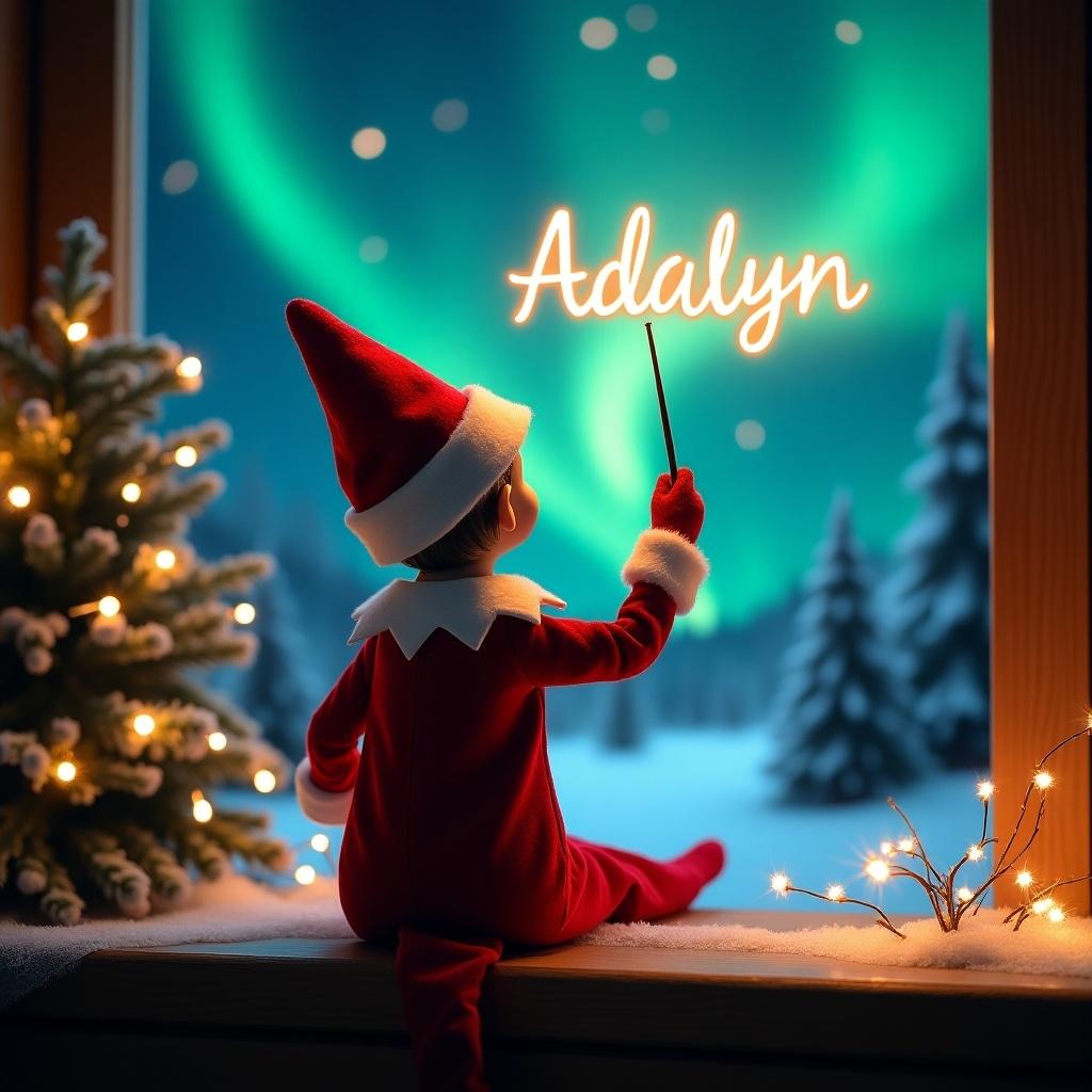 An enchanting Christmas scene featuring an elf on the shelf, who is facing the sky with his back to the viewer. The elf, dressed in red and white, wields a magic wand, writing 'Adalyn' in a glowing script above him. The backdrop is adorned with vibrant northern lights, adding a magical ambiance. The scene is festive, portraying the spirit of Christmas with a whimsical twist. The elf's position and action create a sense of wonder and excitement that captures the joy of the holiday season.