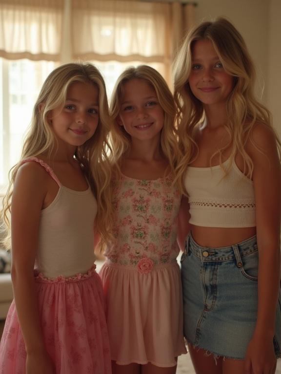 Three girls at a birthday party. They have blonde hair. They are in a living room. The image has a soft aesthetic with natural light. The girls wear light clothing. The colors are bright and playful.