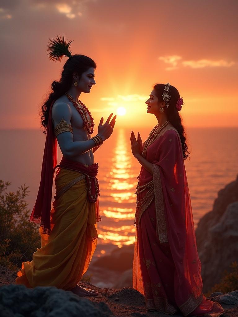 Radha and Krishna stand facing each other. Beautiful sunrise is in the background. Warm colors reflect off the water. Figures are in silhouette. They express a deep connection.