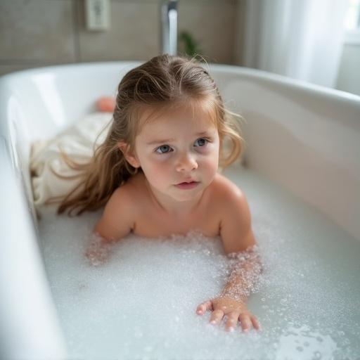 A 7-year-old girl is bathing in a white bathtub. She lies on her stomach with bubbles surrounding her. The scene is bright and peaceful. Natural light enhances the clean, minimalistic design of the bathroom.