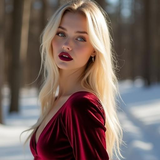 Gorgeous Scandinavian model showcases a stunning burgundy velvet Christmas dress. Model features very light creamy blonde hair styled straight. Posing naturally in the sunlight. Beautiful makeup complements blue eyes. Full body displayed including tall legs.