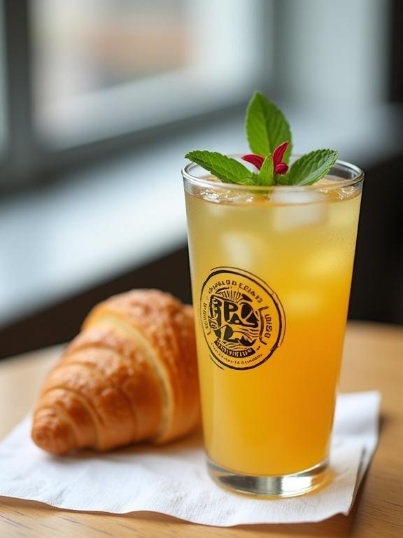 Photograph features a glass cup with yellow drink, ice cubes, mint leaves. Next to croissant on a white napkin. Indoor setting with natural light. Casual dining atmosphere.