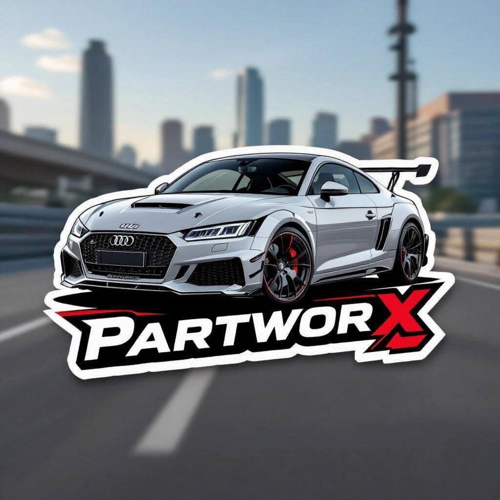 Design a sticker for Partworx featuring an Audi. The car should be illustrated with a dynamic appearance. The background should depict a city highway. The sticker design should include bold text and vibrant colors.