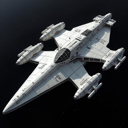 A battleship class starship created in a style reminiscent of Battlestar Galactica. The ship has eight landing bays or pods around its central structure. It appears sleek and futuristic, designed for space. The setting highlights the starship in a black space background, showcasing its features and details.