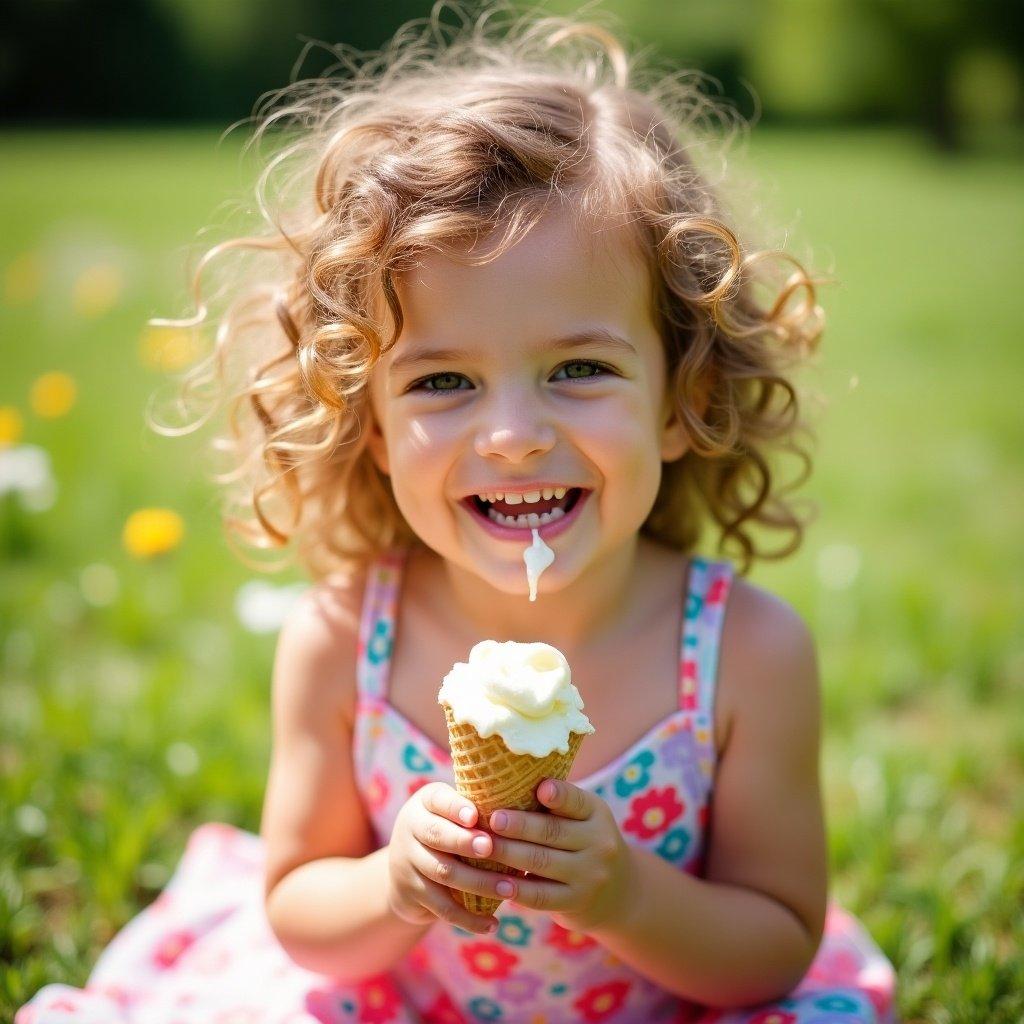 Toddler girl enjoying ice cream in a sunny outdoor setting. Sitting on grass with bright flowers around.