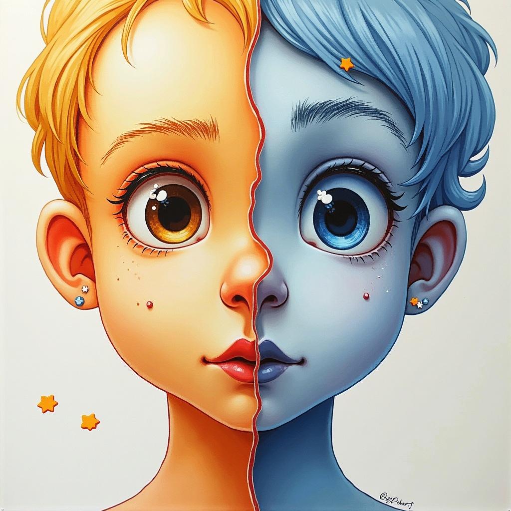 A split face design showcasing two contrasting expressions using 2D design elements. One side is warm with brown eyes and light skin; the other is cool with blue eyes and pale skin.