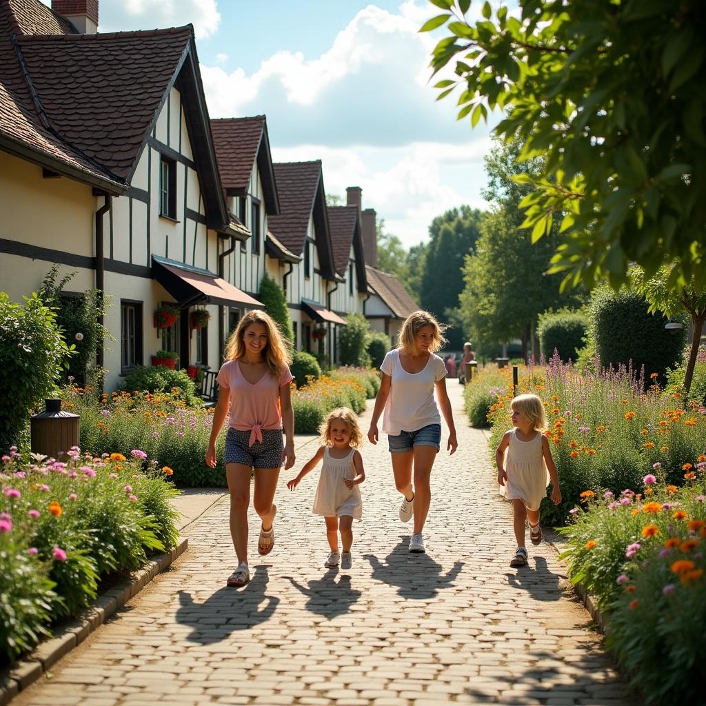 A cobblestone path lined with charming cottages and flower-filled lawns. Women and children stroll happily, enjoying the sun. The scene evokes a sense of community and carefree joy on a bright day.