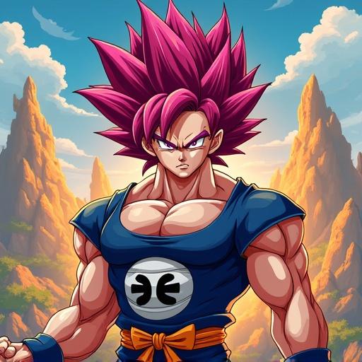 Character from Dragon Ball with spiky pink hair and muscular build. Background features rocky mountains and blue sky. Striking a powerful pose.