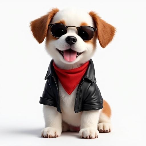 A semi-realistic dog with white and brown spots. It has short smooth fur, big dark eyes, and semi-pricked ears. The dog stands upright on hind legs wearing a black leather jacket, sunglasses, and a red bandana. The tongue is sticking out. Clear front-facing view.