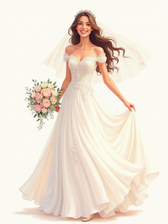 A joyful young bride in a full-body shot wearing an elegant classic wedding dress. Dress has delicate embroidery; soft flowing veil. Bride has a graceful hairstyle with long hair moving in the breeze. Holding a bouquet of fresh flowers with a bright smile.