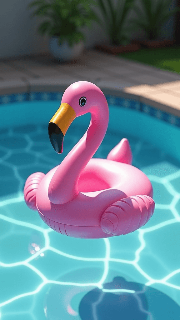 A pink flamingo-shaped pool float drifts in clear blue water, surrounded by tiled pool edges and lush plants.