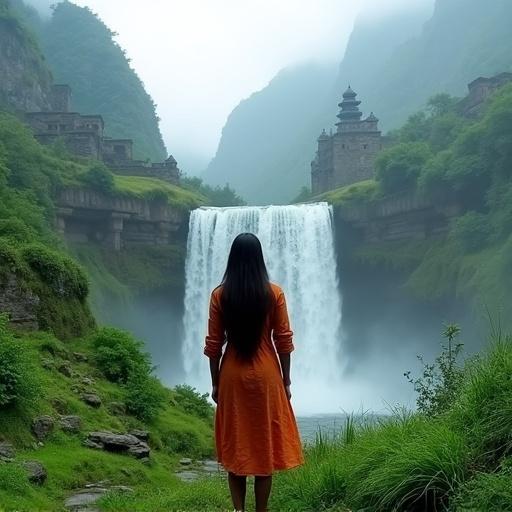 Person stands before a majestic waterfall. Water flows abundantly from a height. Lush green surroundings add to the beauty. Ancient structures are located in the background. Mist envelops the mountains creating a mystical feel. The outfit worn by the person is traditional. Orange kurta contrasts against the green scenery. Palpable sense of serenity and adventure.