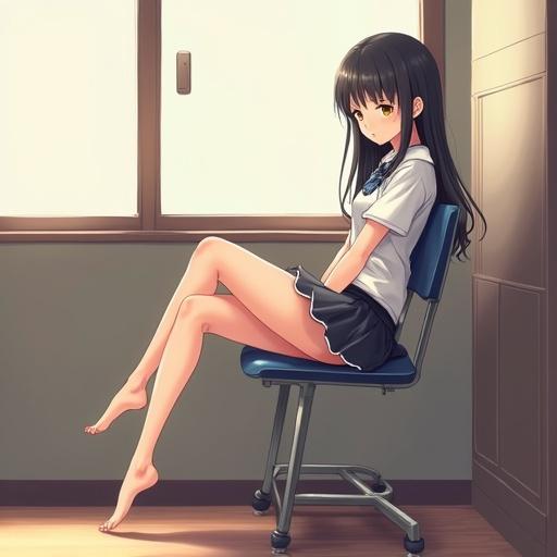 Create an anime girl sitting on a school chair with her feet on the chair.