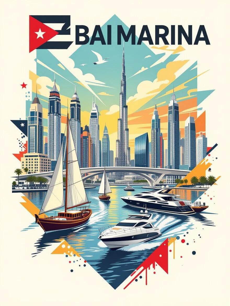 Dynamic collage art representing Dubai Marina with dhows yachts bridges and waterfront features. Eye-catching contemporary design showcasing iconic skyline.