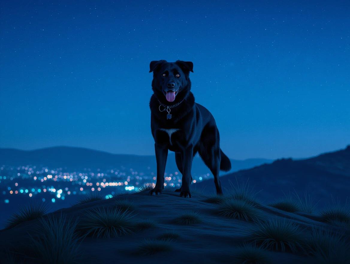 Large black dog with sinister appearance on a hill. No collar. Eerie blue night lighting. Horror movie atmosphere.