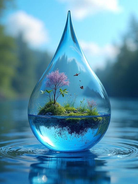 3D exquisite shiny blue water immersive art. An intricate scene inside a massive blue drop. Contains tiny plants and indigo fish. The orb drop floats with a blurred blue sky background. Represents the connection between water and health of the planet.