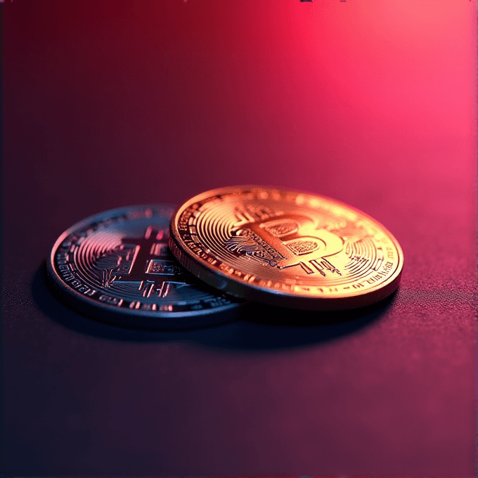 Two Bitcoin coins rest on a dark surface, one golden and one silver, under a red and blue light.