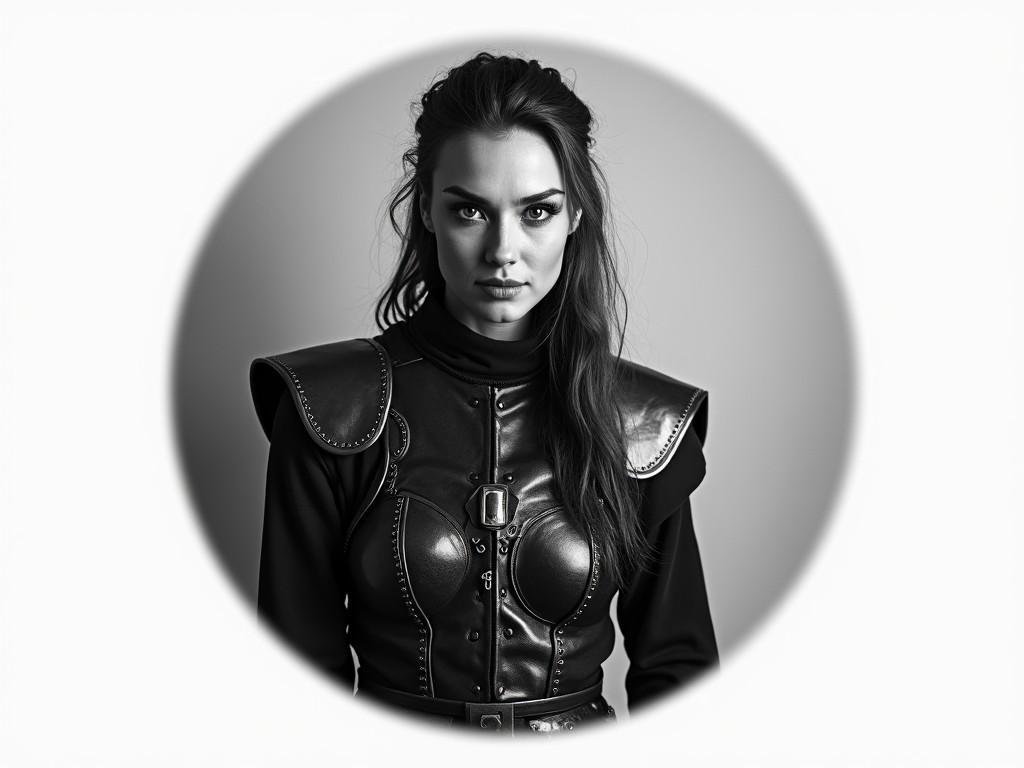 The image depicts a young woman in a stylish black-and-white portrait wearing a leather armor-like outfit. Her expression is intense and confident, suggesting a blend of modern fashion with medieval influences. The circular framing focuses the viewer's attention on her piercing eyes and the unique texture of her clothing.