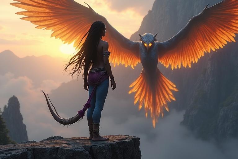 A powerful Na’vi girl stands on a cliff. An enormous, flame-winged creature descends from the sky. The landscape features mountains and fog. The girl's skin is blue with glowing stripes. Her long hair is braided with beads. The creature has glowing eyes. The scene is dramatic in twilight.