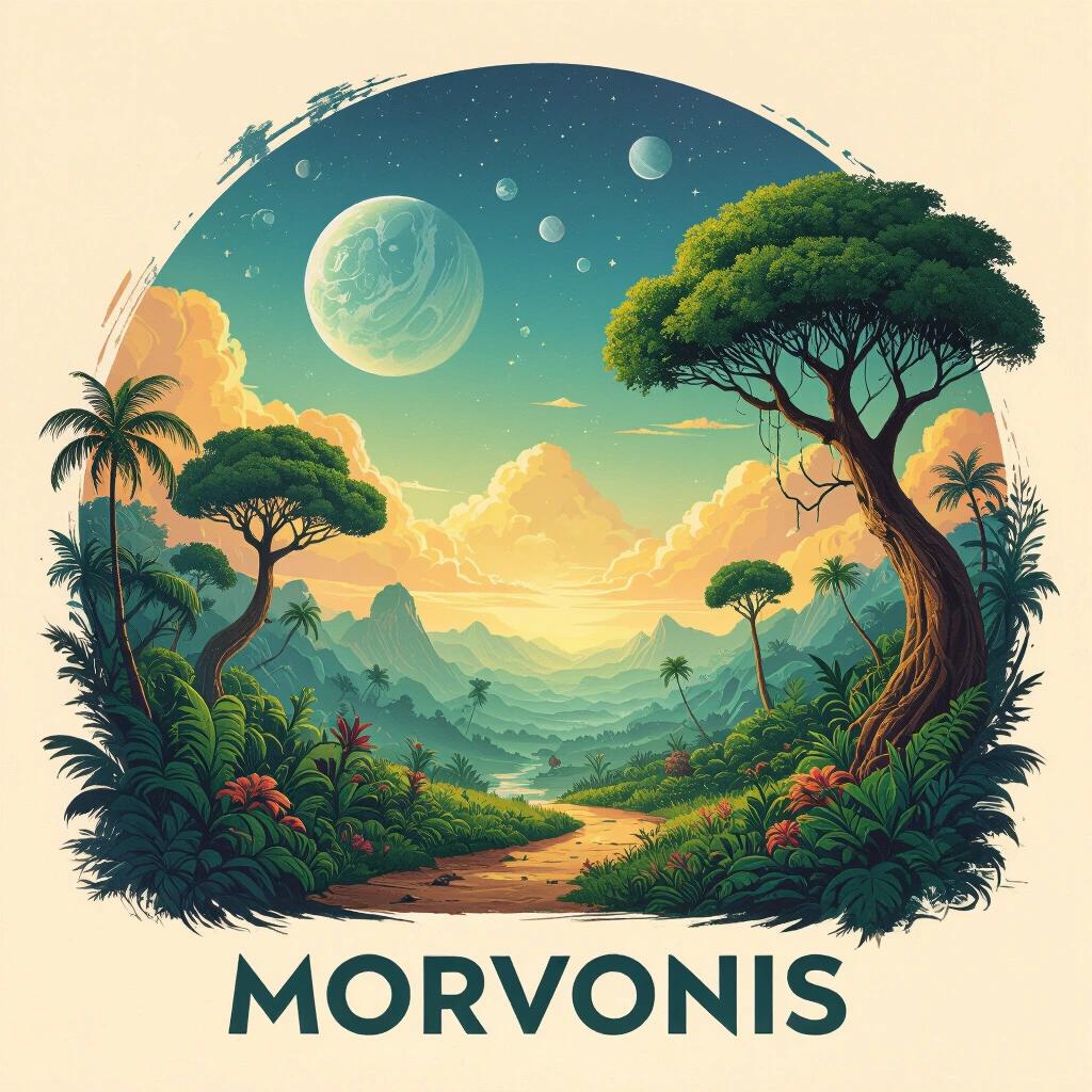Captivating alien planet featuring a unique jungle with a backdrop of a colorful sky. Album cover design includes the title Morvonis prominently displayed.