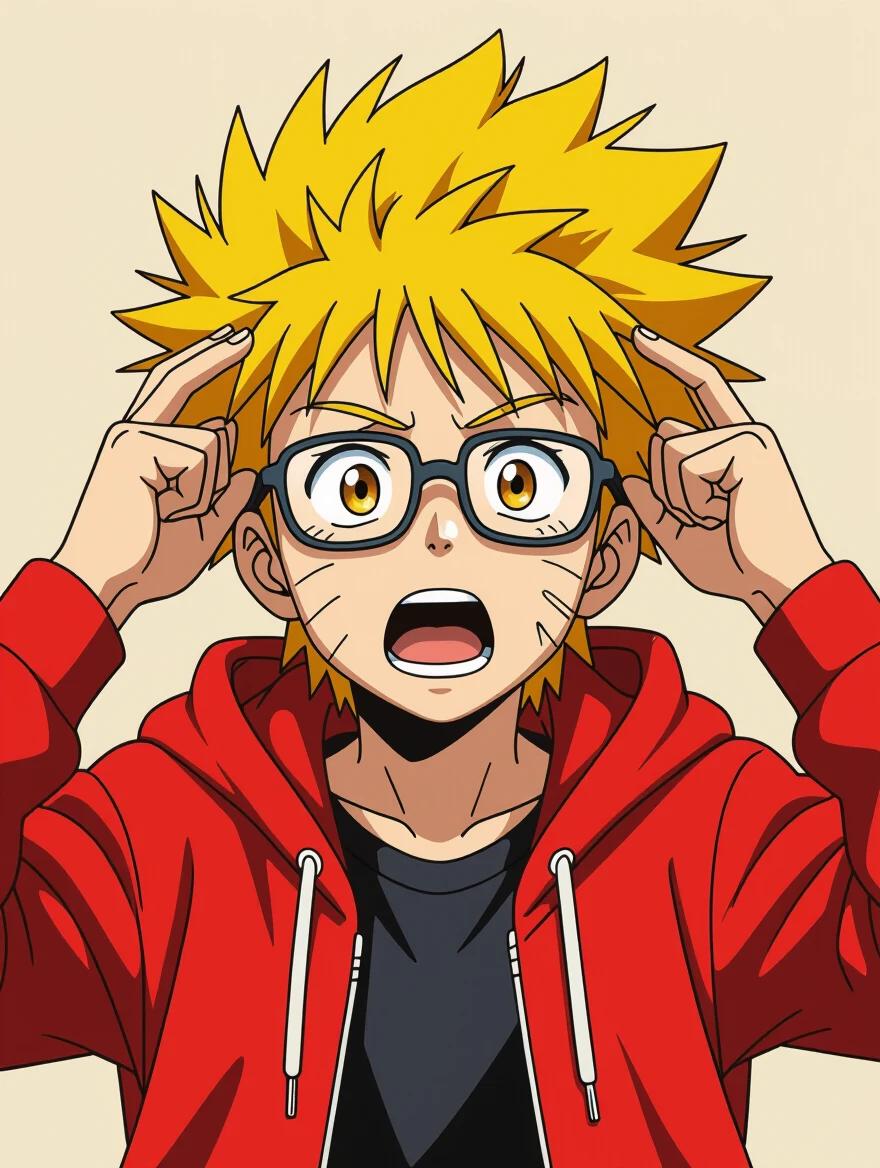 Anime boy has spiky bright yellow hair. Fair skin with big wide-open amber eyes and glasses. Mouth open in shock. Hands raised next to head with fingers splayed. Wearing red hoodie and black shirt. Dramatic cartoon expression in mid-torso shot. Clean cel-shaded style with beige background.