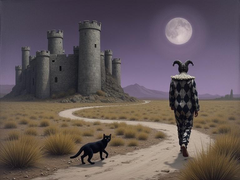 Clown in a diamond-patterned harlequin suit walks along dirt path. Black cat with yellow eyes walks beside. Grey stone castle with multiple towers stands in background. Dark purple sky with bright white crescent moon. Oil painting with textured surfaces and visible brushwork.