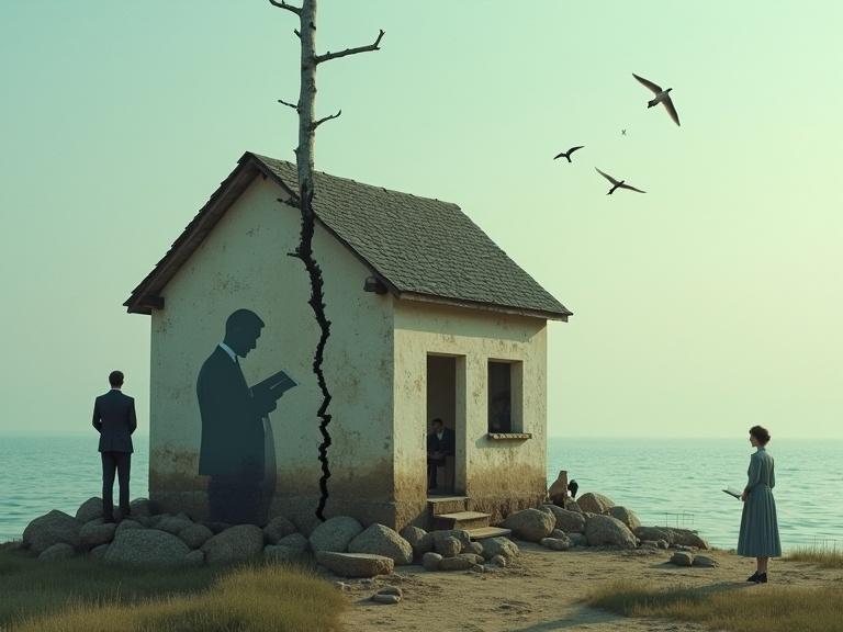 Surreal digital artwork represents aftermath of a relationship with a symbolic landscape. Features a weathered house with a vertical crack. Shows a transparent man in a suit, a woman in vintage dress, and a man inside reading. Includes calm water with a hazy horizon and flying birds. Uses soft muted colors creating melancholic mood.