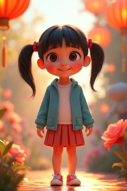 3D-rendered animated character. Eight-year-old girl. Straight black hair in pigtails. Soft fair skin, round brown eyes. Curious joyful expression. Light blue jacket over white shirt. Pleated skirt and red sneakers. Background is whimsical fantasy garden with floating lanterns and oversized flowers.