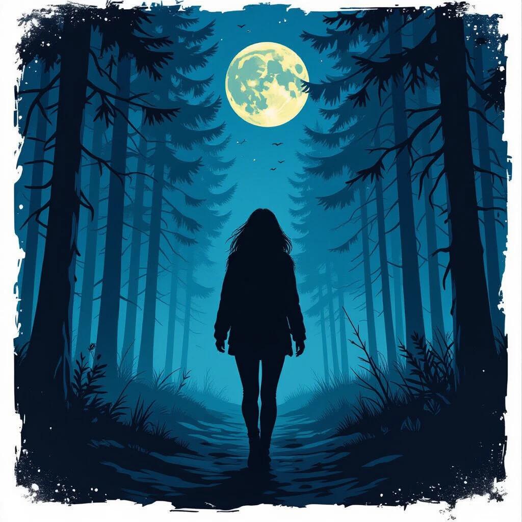 A woman walks in a dark forest. Fear evident as she hears something. Comic book style illustration. A full moon illuminates the scene. The atmosphere is mysterious with towering pine trees.