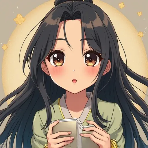 Anime girl with long black hair wearing round glasses and a pastel outfit holding a book. She has a soft expression and a round face.