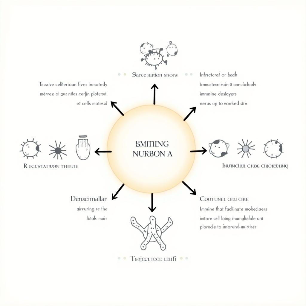 The figure illustrates the innate immune response to infection through a centralized sun-like figure highlighting activation, recruitment, and control. It outlines how the immune response is activated, identifying tissue-associated immune cells nearby for rapid response. It also describes inflammatory mediators secreted upon infection. The outer sections detail the recruitment of cellular and non-cellular immune components to the infection site. Additionally, it covers the physiological changes allowing immune cell trafficking and the control mechanisms involving immune cells that eliminate microbes. Fate signaling for epithelial cells and clearance of dead cells are also summarized.