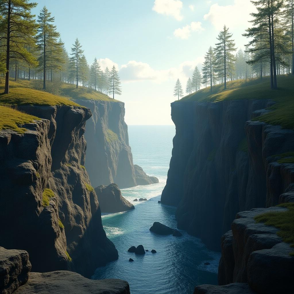 A breathtaking view from the top of a cliff looking straight into a lush gorge. Dense pine trees line the cliff edges; the river flows quietly between the rocks below.