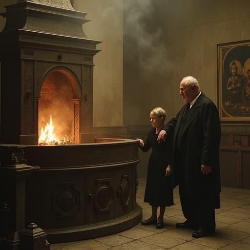 Atmospheric image of a 1930s crematorium interior. Features an ornate funeral furnace surrounded by a thick smoke. A stout man stands near the furnace. A young girl is beside him. A pale woman in a black dress stands next to the girl. Faces show blank expressions. Fire glows inside the furnace. A buddhist painting decorates the wall. Shadows highlight fading figures. Mood is eerie and surreal with sepia tones.