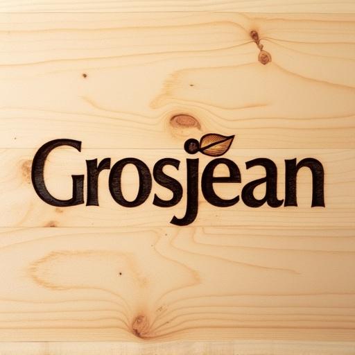 Close-up photo of the word ‘Grosjean’ engraved on light wood. Bold serif font used. The letter 'j' has a leaf instead of a dot. Clear engraving contrast against wood grain. Centered composition with soft lighting. Tightly cropped to focus on logo only.